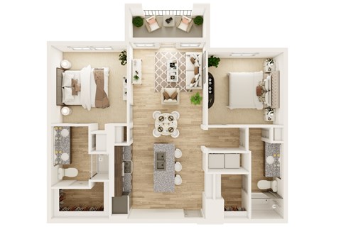 Floor plan for 2 beds, 2 baths, 1043 sqft